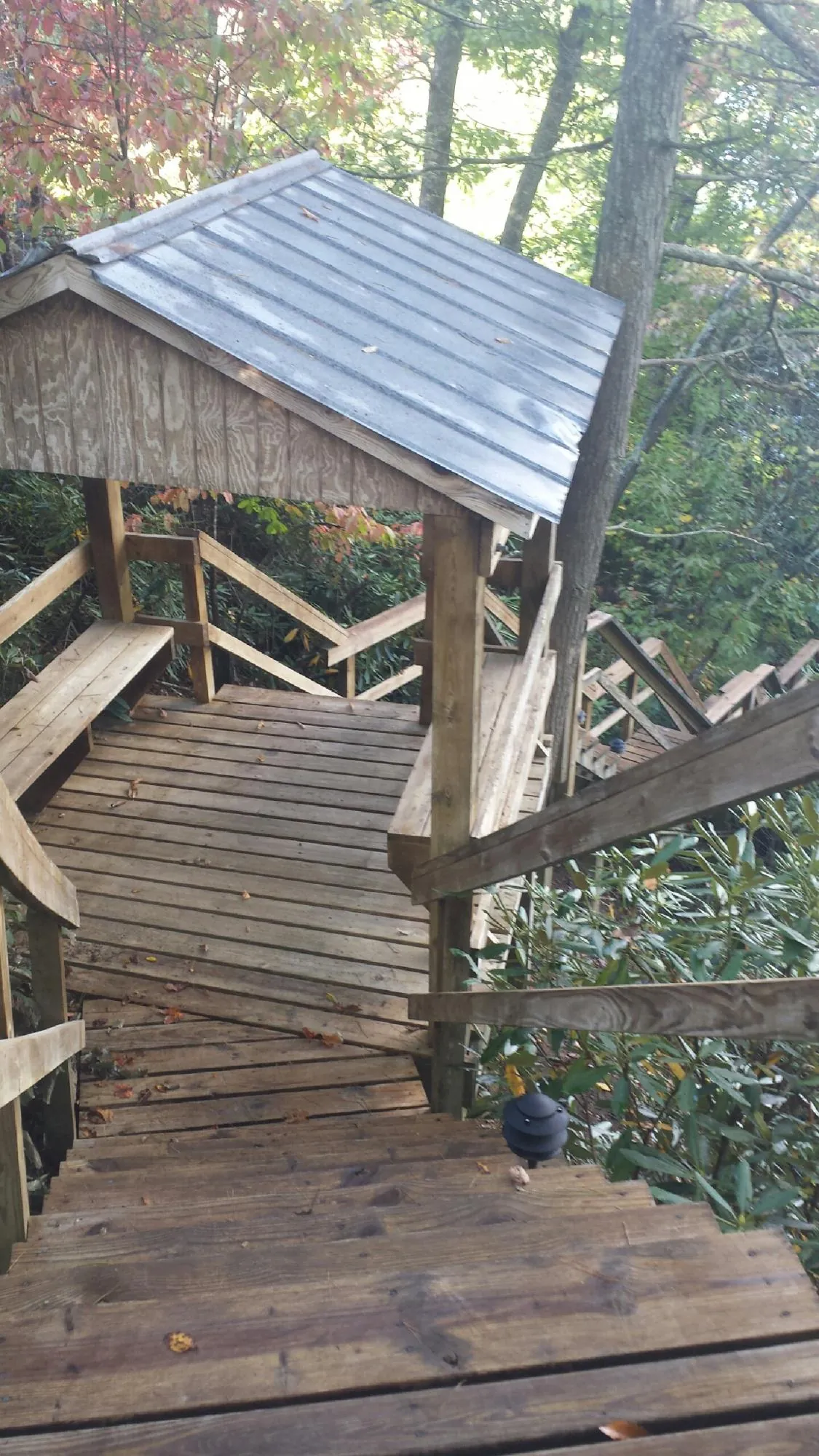 Metal roofed shelter over wooden steps on a wooded walkway — Skylight Repair & Installation work by our crew in Minneota